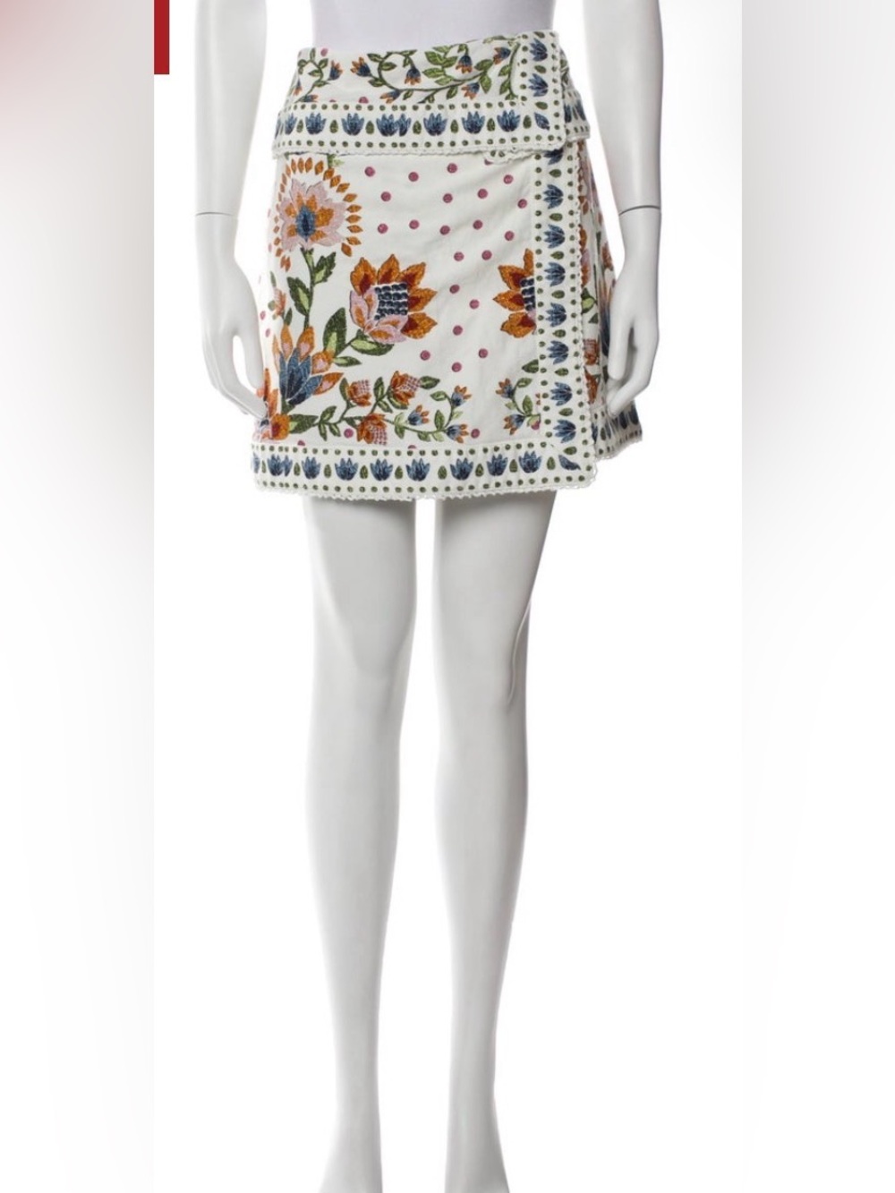 FARM Rio White Embroidered Floral Wrap Mini Skirt with Orange & Blue Motifs